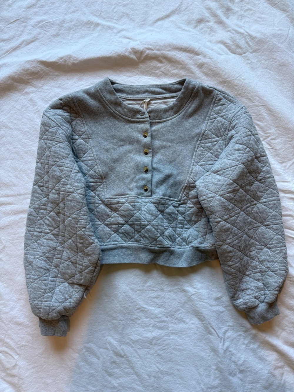 Anthropologie Quilted Light Gray Scoop-Neck Cropped Sweater